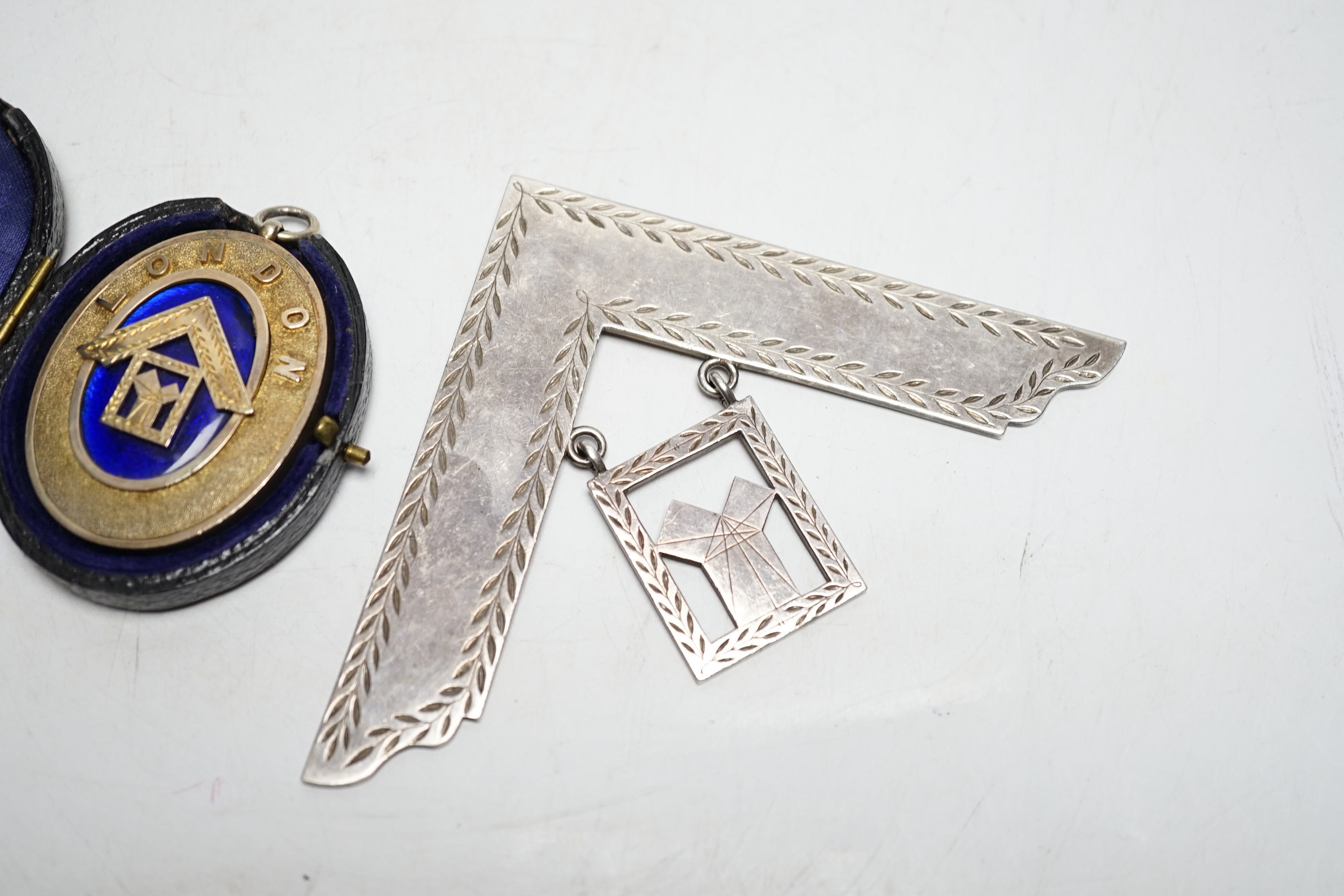 Two 1930's silver Masonic jewels including enamelled with case, 52mm.